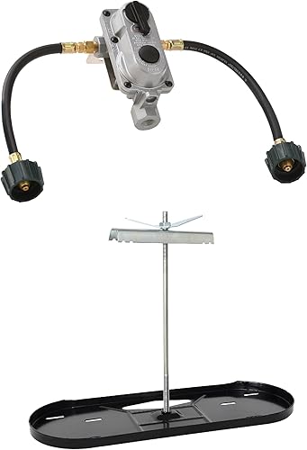 Flame King Auto Changeover LP - Regulador de gas propano + estante de cilindro de tanque de propano doble RV para caravanas y remolques