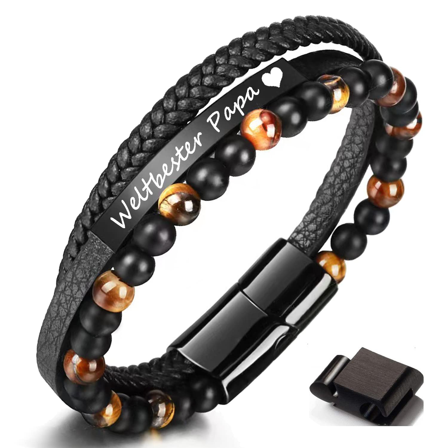 Jbniuay Vatertagsgeschenk Geschenke für Papa Armband Papa Gravur “Weltbester Papa” - Lederarmband Dad mit Perlen - Weihnachtsgeschenke für Papa Dad Männe