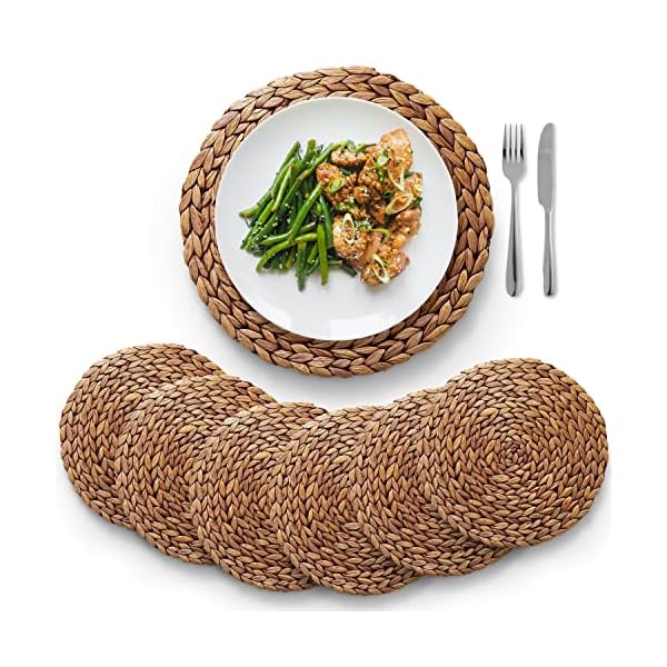 BLUEWEST Woven Placemats, (Sizes:11.8"-13.5''-15") Round Placemats Rattan Placemats, Wicker Water Hyacinth Placemats, Braided Placemats Set, Heat Resistant/Anti-Slip for Dinner Plate (11.8'', Set 6)
