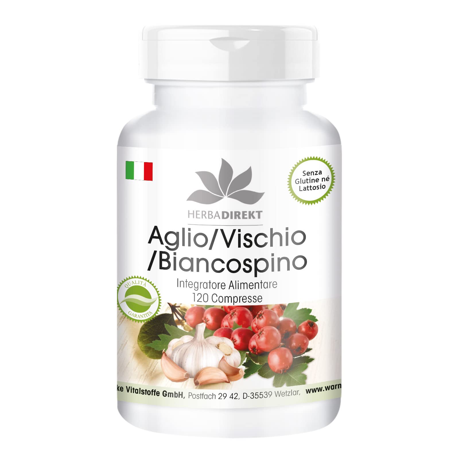 Biancospino vischio d'aglio - 120 compresse con vitamina C, altamente dosato, vegano | HERBADIREKT by Warnke Vitalstoffe - Qualità da farmacia tedesca