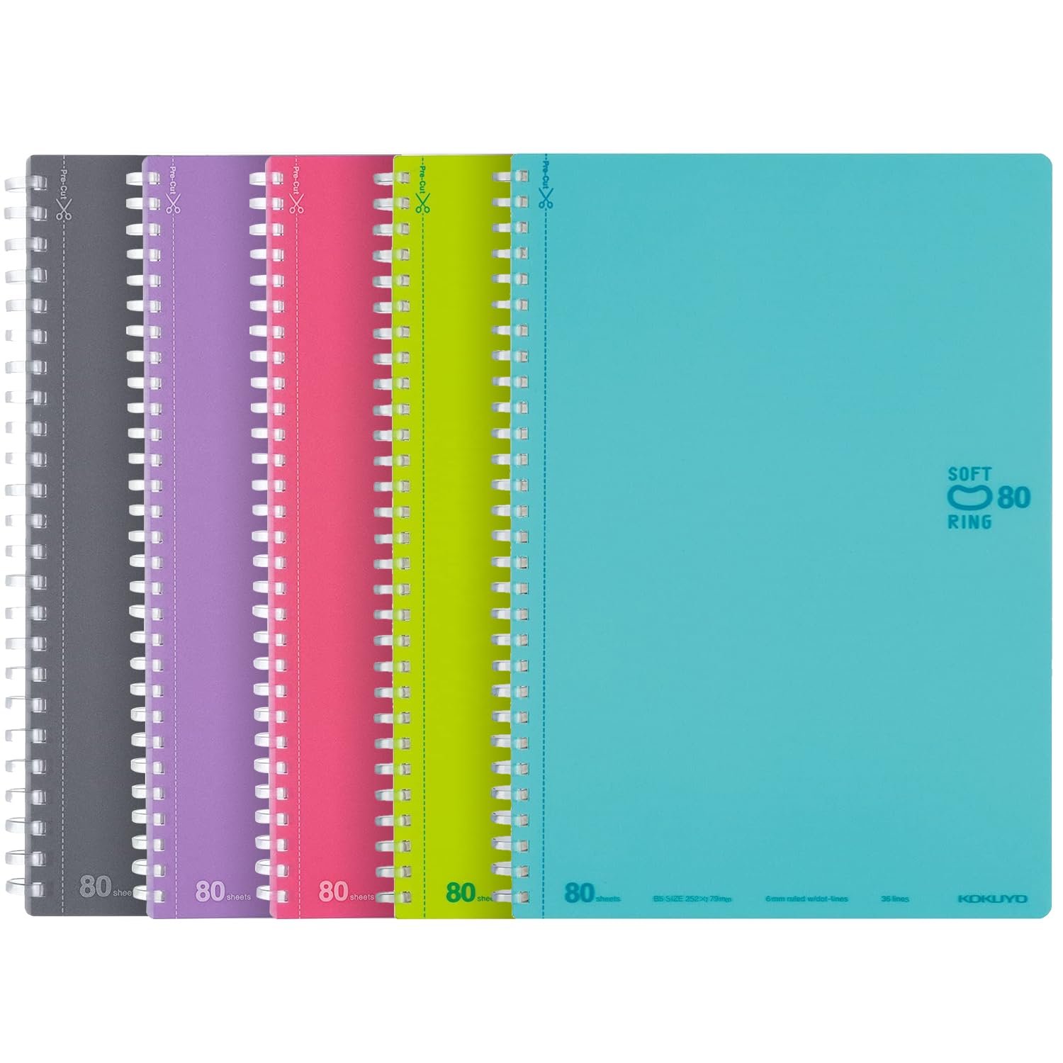KOKUYO Spiral Lined Notebook, 5 Pack 10'' x 7'' Pastel Journal B5 Soft Ring Notebooks with Dot 6 mm Ruled, 80 Sheets, 1 Subject Notebook, Note Taking for School (SU-SV308BT)