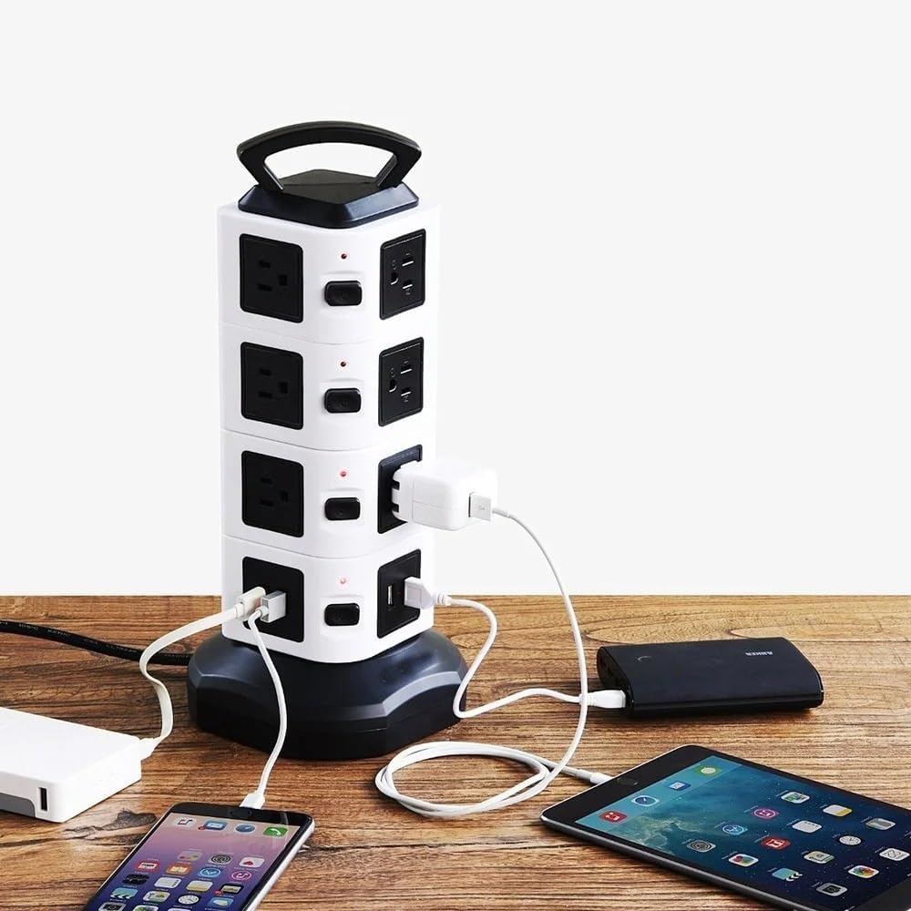 Multipresa Verticale con Protezione da Sovratensione, 6/10/14 Prese, 4 Porte USB E Cavo da 2 Metri - Ideale per Pc, Laptop E Dispositivi Mobili - Design Compatto E Versatile