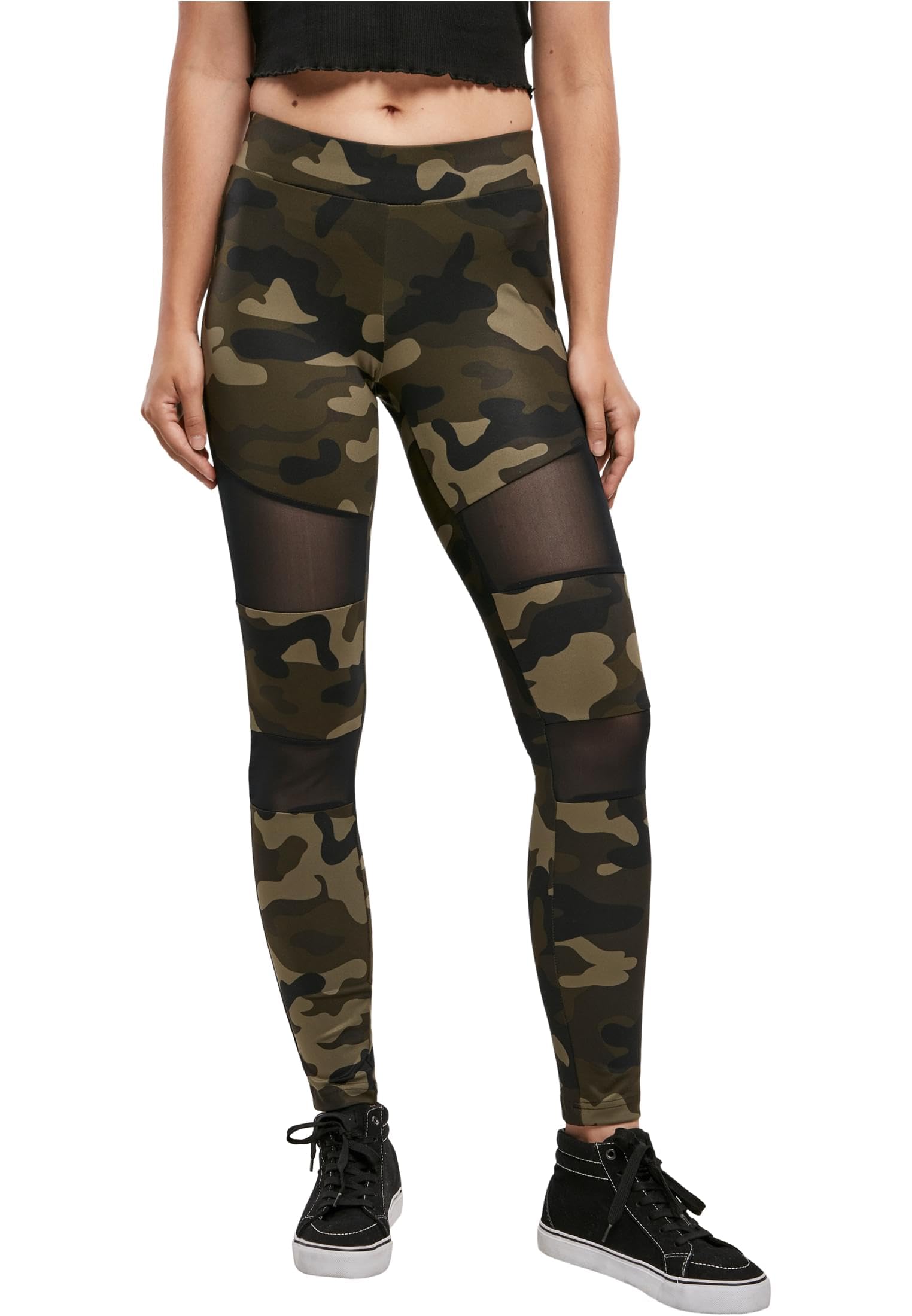 Urban Classics Women's Camouflage Tech Mesh Leggings Comfortable Sport Pants, Stretchy Workout Trousers with Military Print and Mesh Inserts, Regular Skinny Fitwoodcamo/blk S