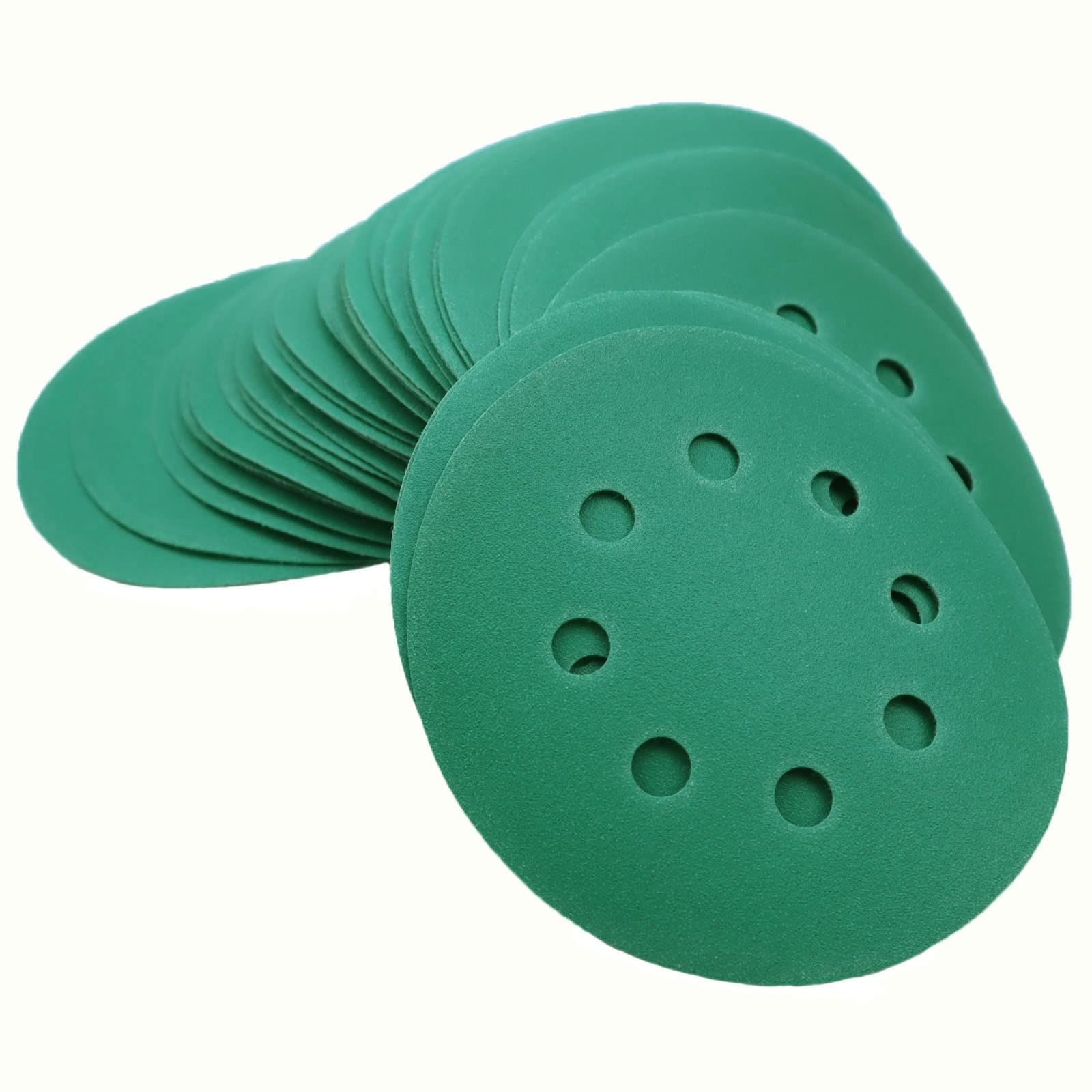 Sanding Discs 5 Inch 8 Hole 220 Grit Hook & Loop Green Film Backing Sandpaper Discs,Dustless Power Random Orbital Sander Paper for Car Paint Wood or Metal Grinding and Polishing,20 Pack