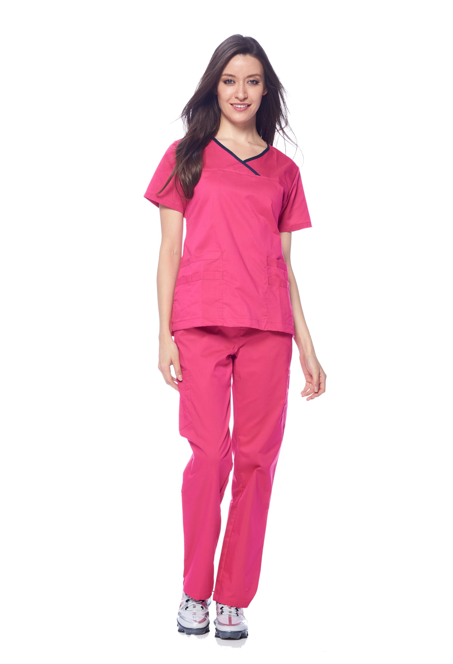 Dagacci Medical Uniform Women's Hot Pink Scrub Set Stretch Contrast Binding Top And Pants - Pink - Large