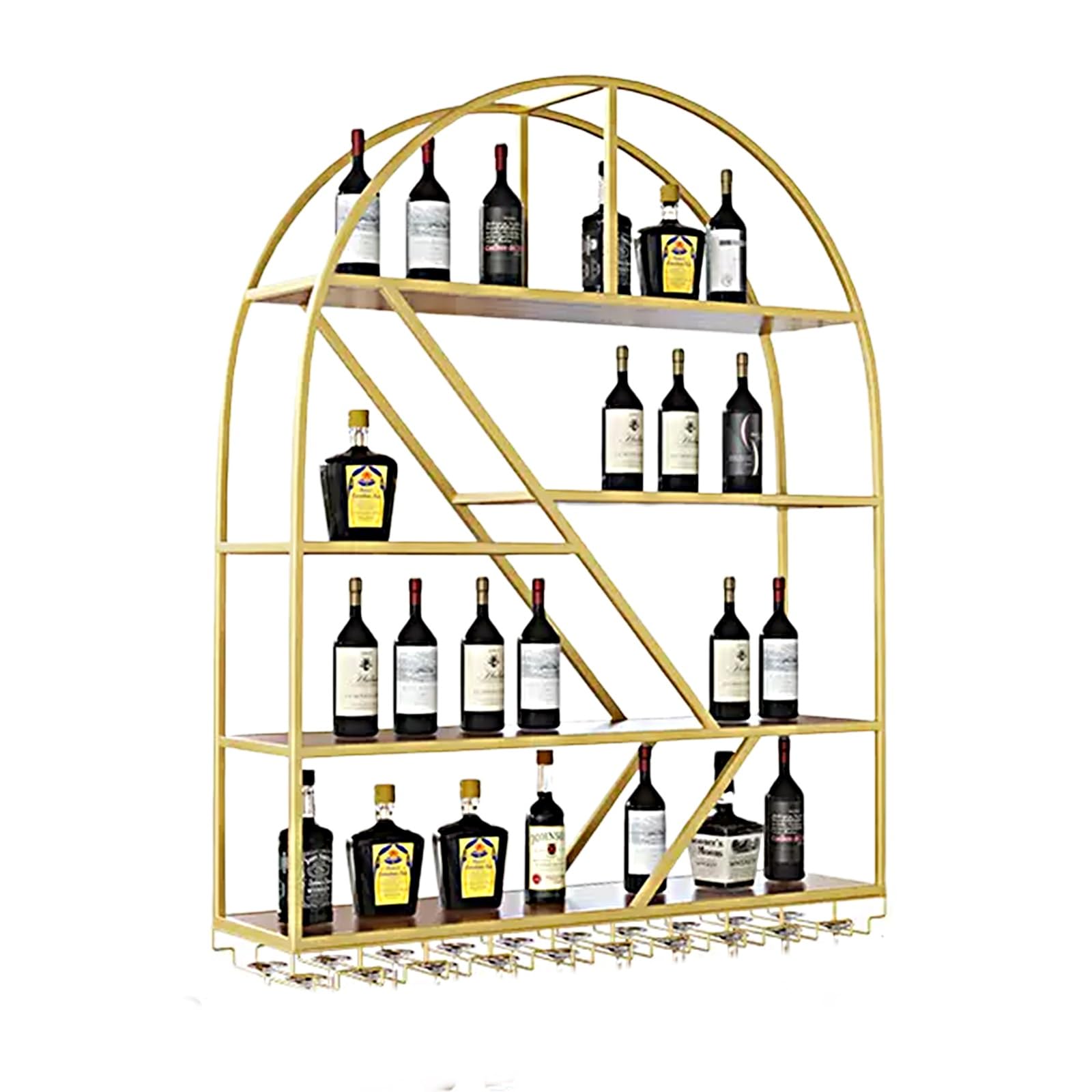 Botellero Vino Pared Creativo Estante Multifuncional de Hierro para Vino, Botellero Vino Metal con Luz Led y Portavasos for Bar Restaurante Club(Gold)