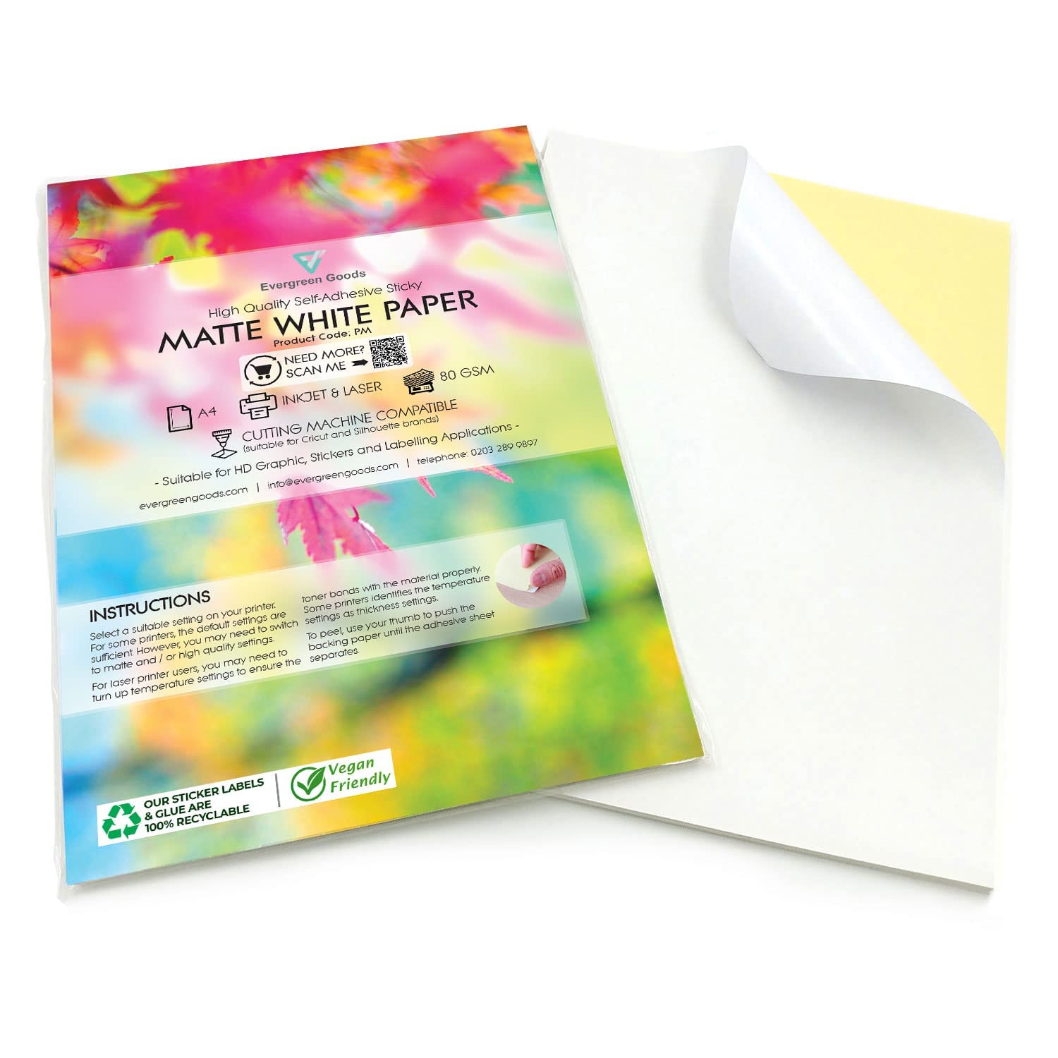 A4 Sticker Paper White Matte – 50 Sheets Self Adhesive Printable Label Paper for Inkjet & Laser Printers | Sticky Back Paper Sheets, Cricut Compatible, 80gsm | Evergreen Goods
