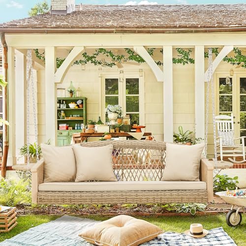 Image of HOMREST 3-Person Wicker Porch Swing with Upgraded Cup Holder, 56 Inch Patio Hanging Swing Bench Chair with Cushions, Outdoor Swing 900lbs Capacity Chains for Deck Garden Backyard (Beige)