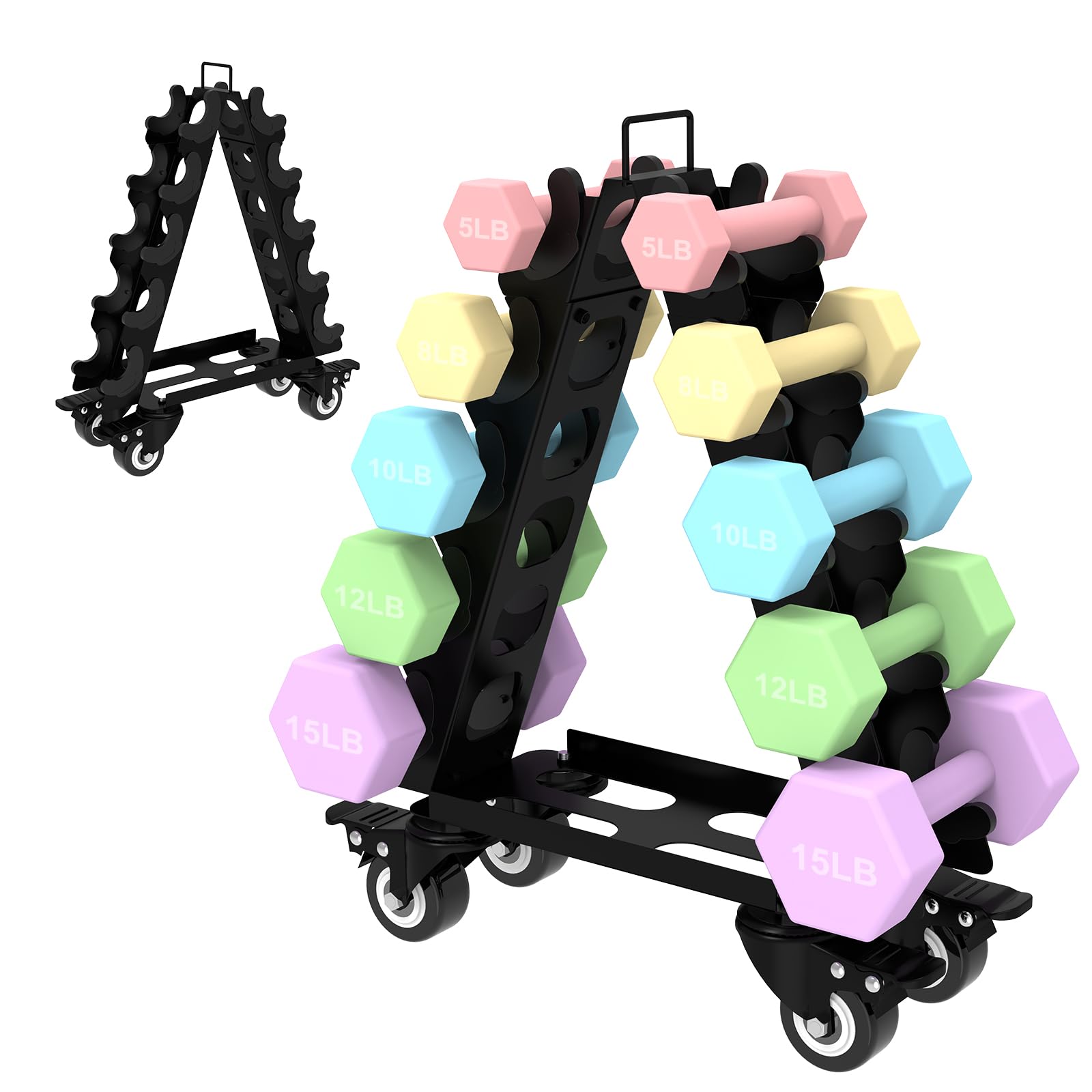 Dumbbell Rack 5 Tier with Wheels(Dumbbells not included),A-Frame Metal Dumbbell Holder with Handle,Multilevel Weight Storage for Dumbbells,Tree Shape Compact Weight Rack/Holder,Perfect for Home Gym-image-30