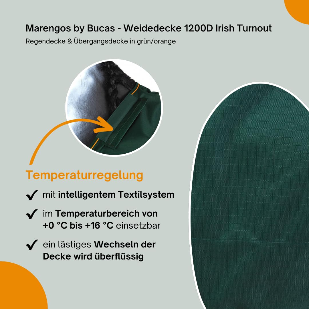 Marengos by Bucas - Weidedecke 1200D Irish Turnout | als Regendecke & Übergangsdecke | wasserdichte Outdoordecke mit Innenfutter & Kreuzbegurtung | Grün/Orange in Größe 165cm (ohne Füllung)