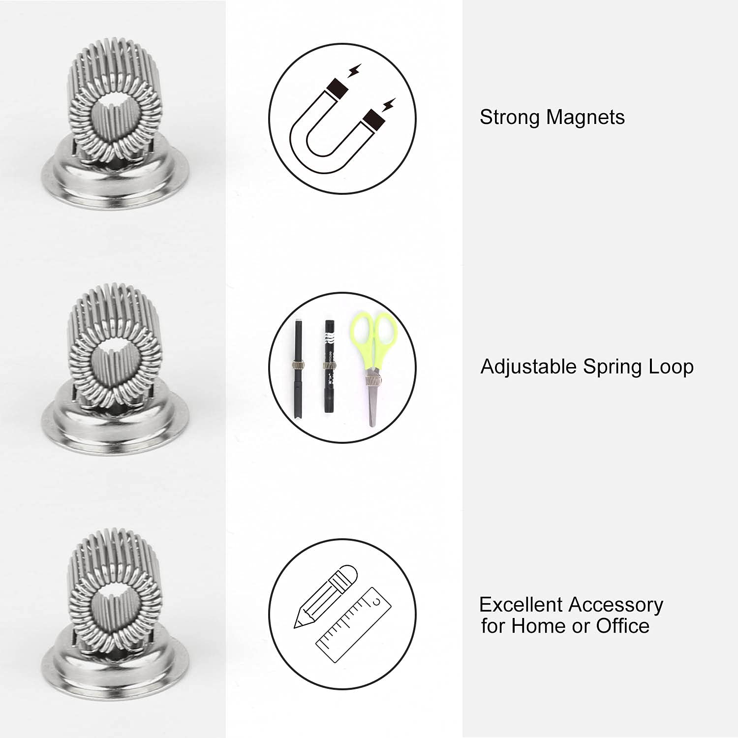 (10 Pack) Magnetic Pen Holder Clip, Stainless Pen Holder Clip with Adjustable Spring Loop, Magno Magnetic Pencil Holder for Refrigerator Whiteboard Erase Board and Bulletin Board Map