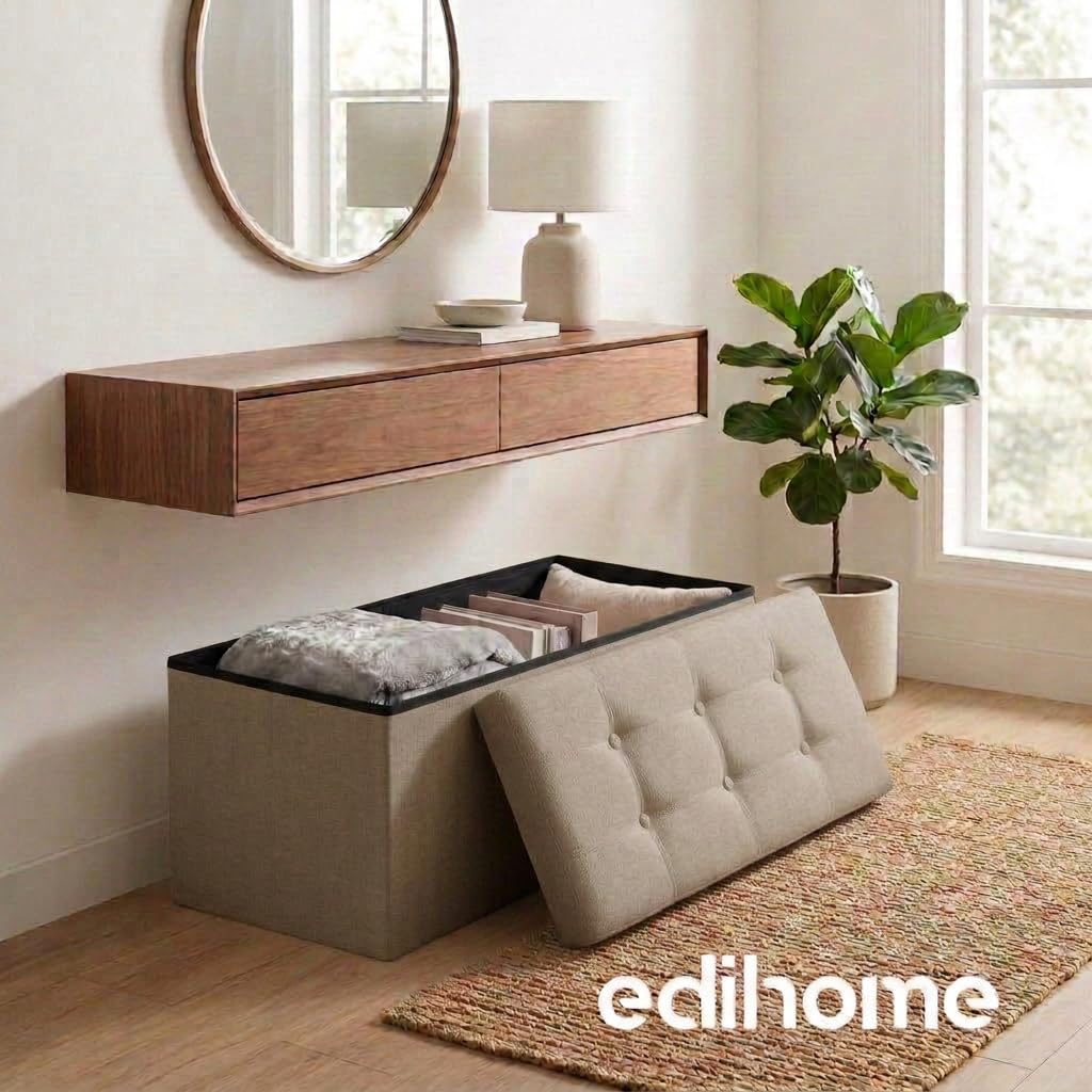 edihome, Puff Almacenaje Plegable, (38 x 76 x 38cm), Baul, Otomana con Tapa – Banco de Tela Organizador y Asiento para Dormitorio y Pie de Cama (Beige Tostado, 38 x 76 x 38 cm) — view 5