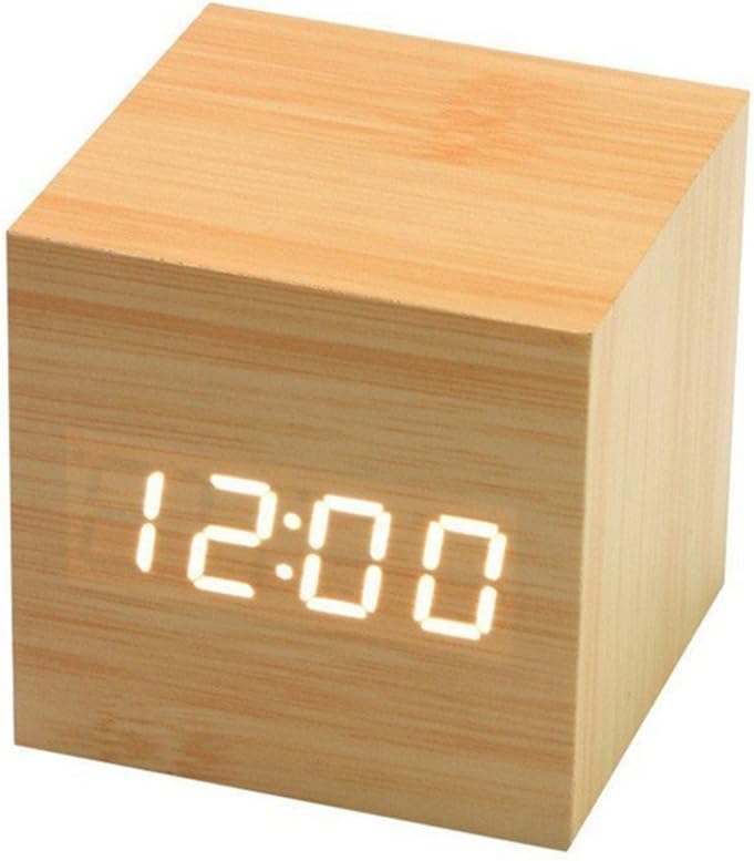 SKYWELL Wooden Cube Click Clock Digital LED Desk Alarm Clock Voice Control Thermometer Timer Calendar (Bamboo ,White light)