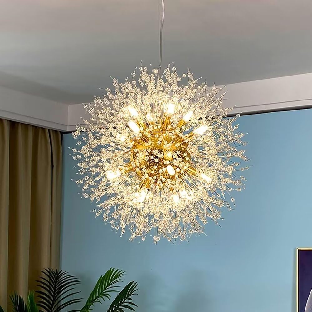 HYJAUSXB Modern Crystal Dandelion Firework Chandelier for Bedroom Living Room Dining Kitchen Contemporary Lighting Fixture with Artificial Satellite Design