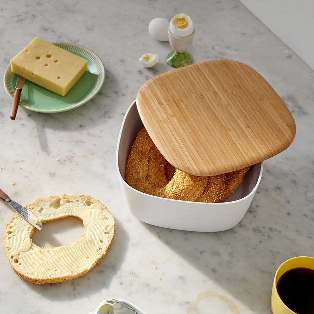 RIG-TIG Contenitore per pane Box IT – Contenitore per pane, panini, biscotti, pasticceria, tagliere come coperchio, design scandinavo, accessori da cucina, grigio caldo