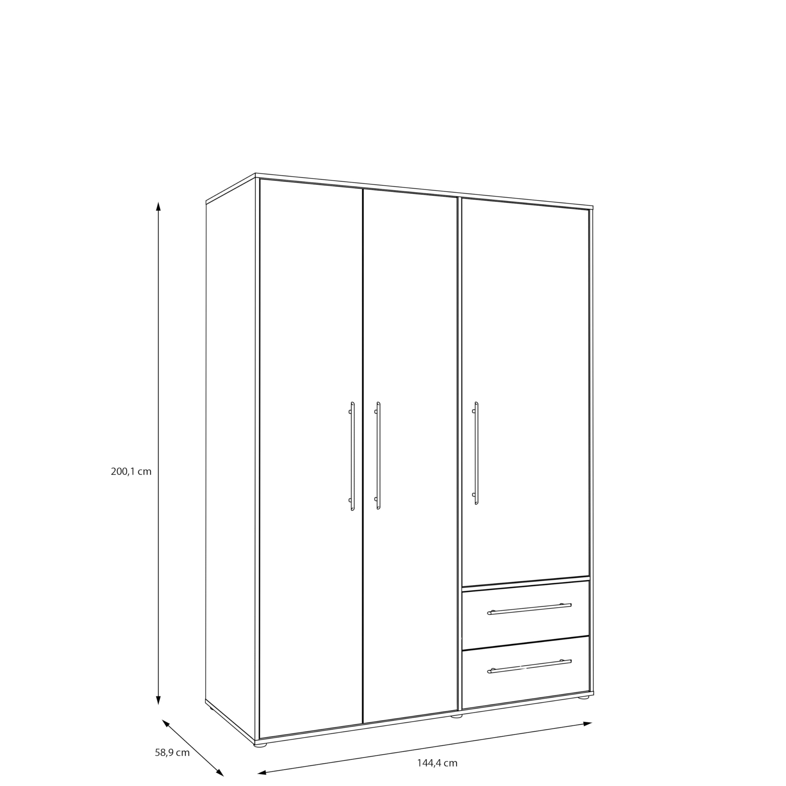 AVANTI TRENDSTORE - FATHIE - Armadio con 3 ante battente e 2 cassetti in legno laminato nel colore nero opaco. Dimensioni LAP ca. 145x200x59 cm.