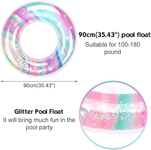 Miniatura 5 de Flotador de piscina con purpurina, anillo inflable de arcoíris con asa, coloridos juguetes de fiesta de natación, balsa de descanso, flotador de