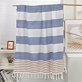 FEBE Strandtuch Badetuch Blau & Braun 180x80 cm Baumwolle Ultraleicht mit Handgeknüpften Hamamtuch Saunatuch Picknickdecke Towel