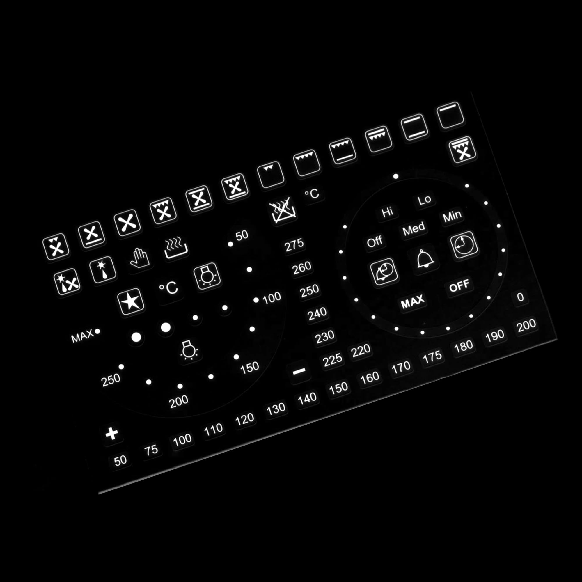 HALLMERS 50-250/Max Degree Gradient Temperature Celcius Dial + 62 Oven Decals Control Panel Labels (White Print Clear Adhesive) Replacement Temp Sticker Electric Gas Knob Timer Power Grill