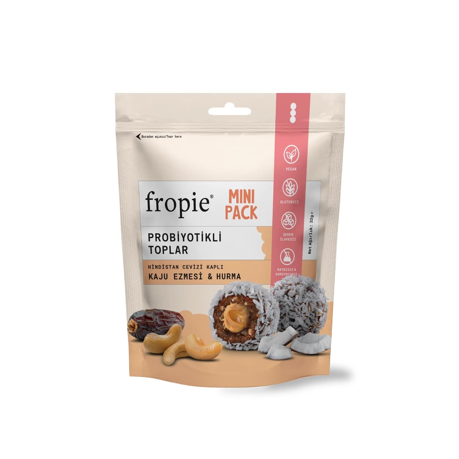 Fropie Mini Probiyotik Topları - Hindistan Cevizi Kaplı & Kaju Ezmeli 32 gr