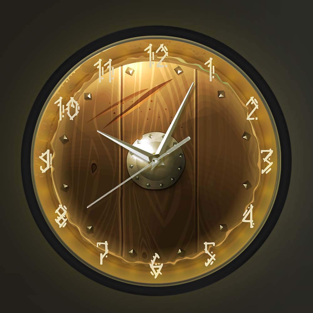 Geek AlertsGeek Alerts Barbarian Shield Indoor Silent Movement Wall Clock with Sound Control LED Night Light 3D Vision Hanging Metal Frame Wall Watch Viking Barbarian Medieval Man Cave Decor