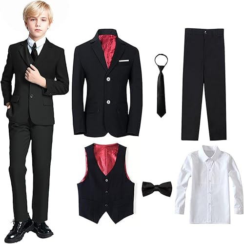 Yanlu Conjunto de trajes formales de esmoquin para niños, color azul y negro, traje ajustado para bodas