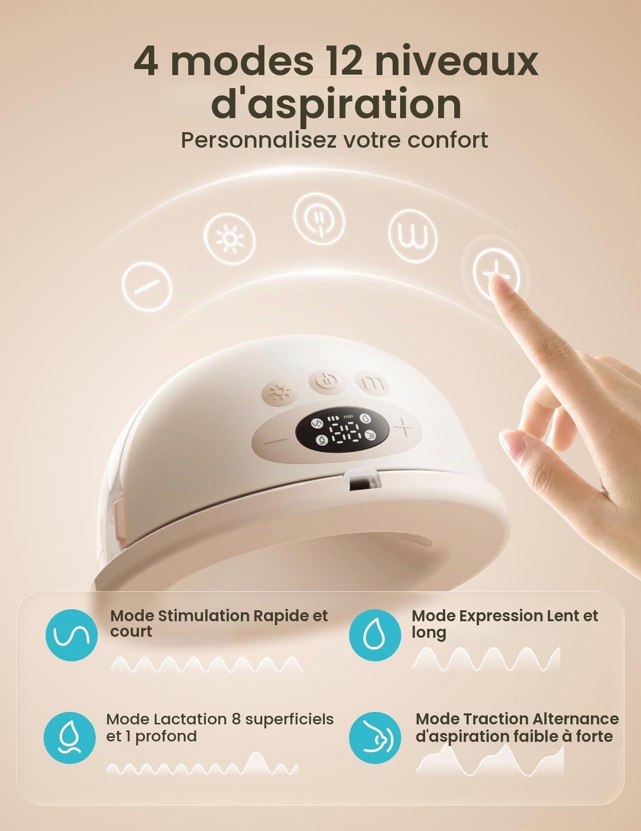 Paruu Tire lait Electrique Main Libre P16 Pro, Tire-lait Portable avec veilleuse, 4 modes et 12 niveaux, aspiration de 309 mmHg, sac de rangement et housse de protection (2, Champagne)