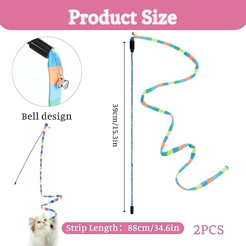 Miniatura 2 de 2 juguetes interactivos para gatos con vara arco iris, varita teaser para gatos y cuerdas, cinta colorida, poste fuerte y resistente con campanas