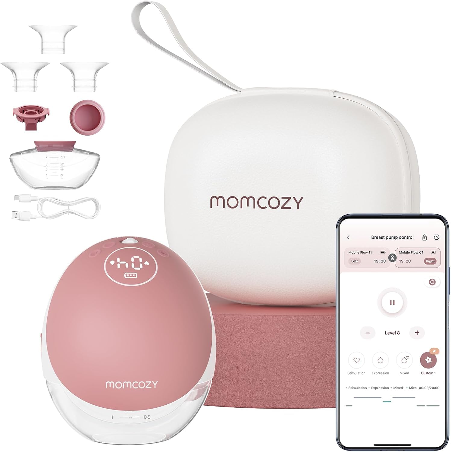 Momcozy Hands-Free Breast Pump Mobile Flow | M9 Upgrade, Electric & App Control, Personalised Multi Modes & 15 Levels, Portable Pump, 24mm (Red, 1 Pack)