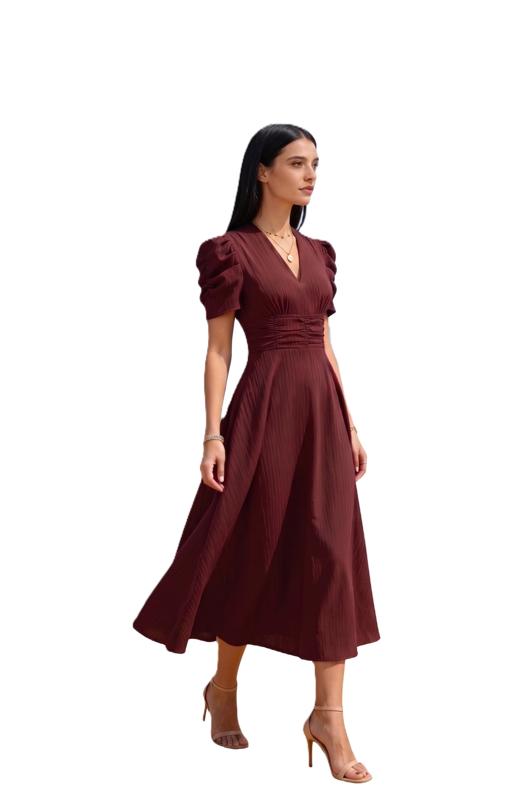 Dress for Women | Midi Dress for Women | V Neck Puff Sleeve Casual A Line Frock One Piece for Girls (47-D)-picture-49