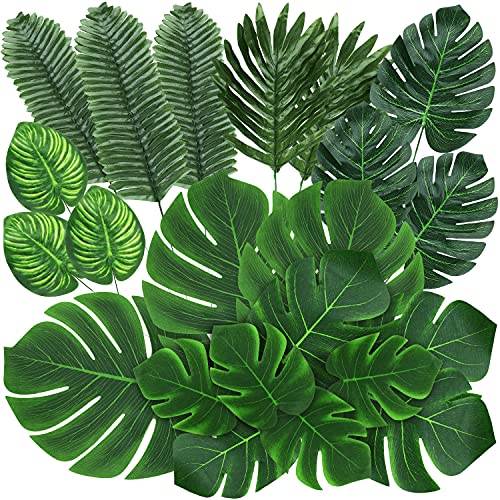 QUANQIUFEI 74 Pcs 7 Kinds Artificial Palm Leaves Tropical Fake Leaves, Monstera Leaf for Safari Jungle Hawaiian Dinosaur Luau Party Table Decoration Wedding Birthday Theme Party