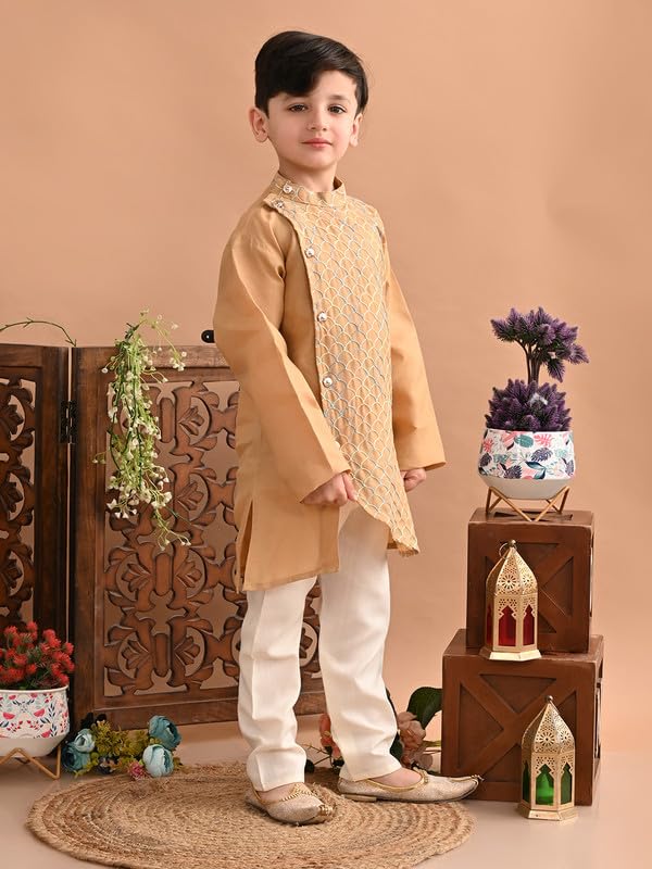 Image of superminis Baby Boys Cotton Side Open Embroidery Kurta and White Pyjama Set