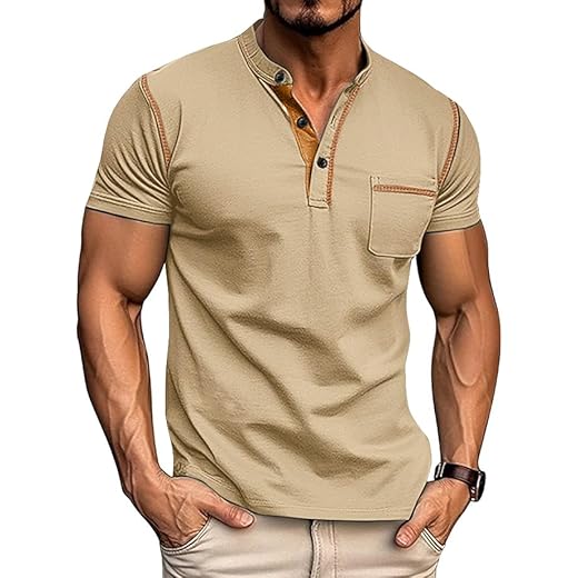 Opomelo Camiseta masculina Henley manga curta casual leve slim fit botão básico algodão com bolso, Caqui, M