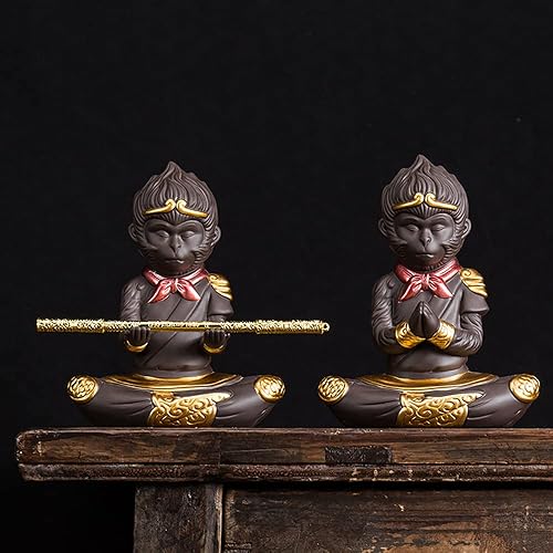 Miniatura 2 de Estatua del rey mono, figura de té Wukong de sol de arena morada, estatua de Buda luchando con Ruyi Golden Cudgel para suministros de decoración del