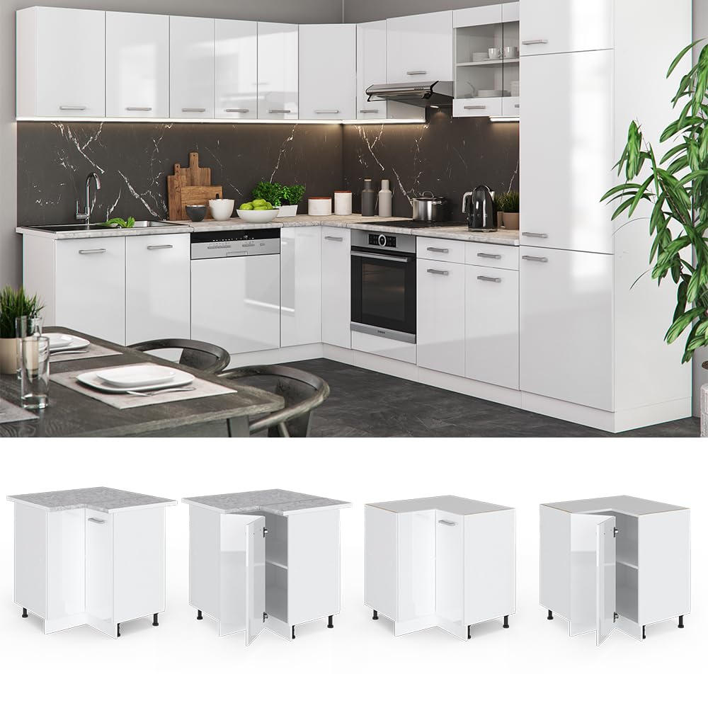 Vicco Armario de Esquina R-Line, Blanco Alto Brillo, 75.6 cm sin encimera, para combinación Libre Dentro de Sistemas de Cocina modulares