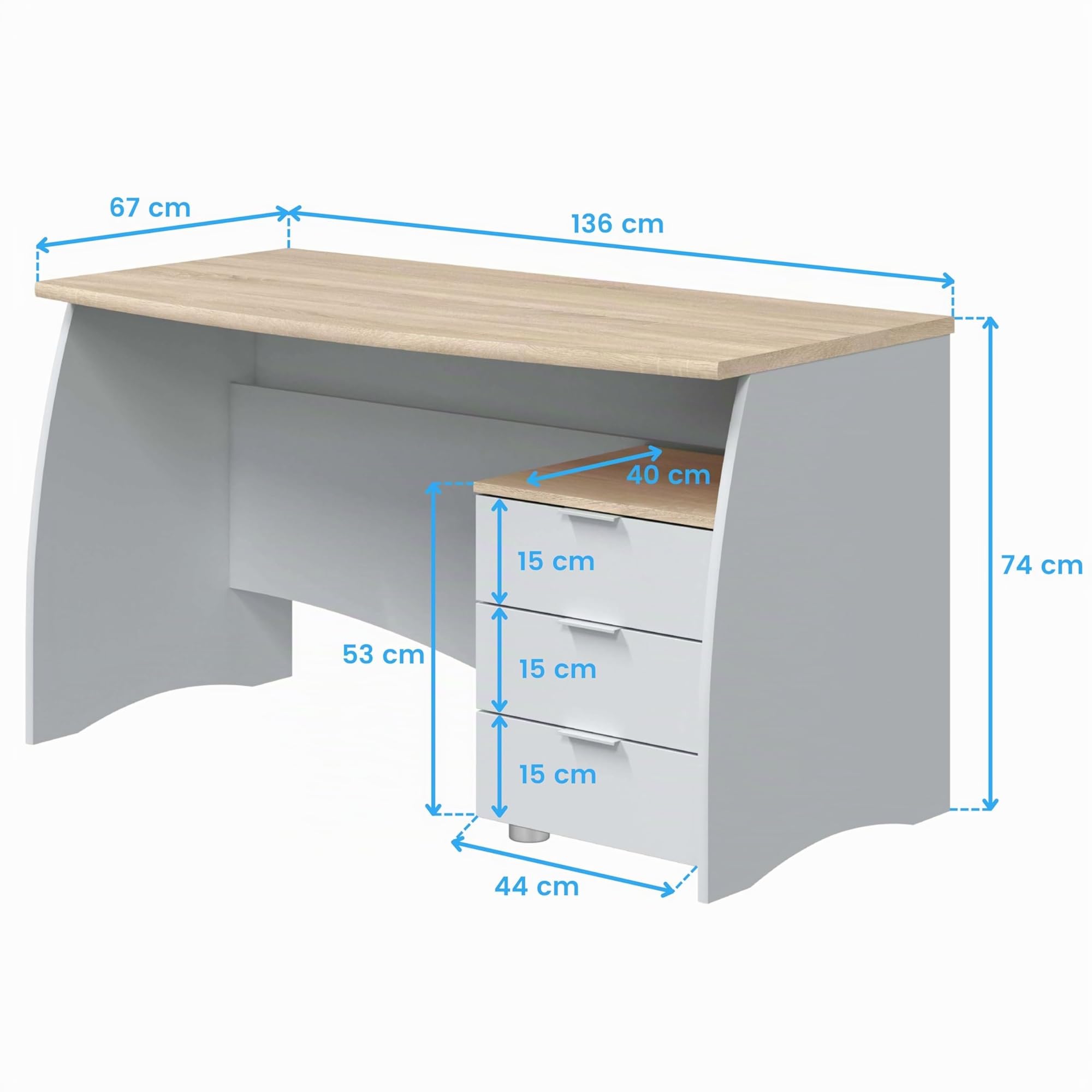 Habitdesign Tavolo da ufficio con 3 cassetti, tavolo da ufficio o studio, modello Stil, finitura in Balnco Artik e Rovere Canadian, dimensioni: 136 cm (larghezza) x 67 cm (fondo) x 74 cm (altezza)