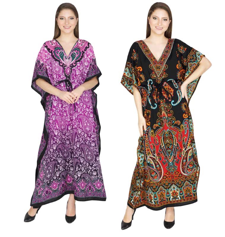 ukal Women's Kaftan Cover Up Summer Dress Night Dress Maxi Kimono Style Long Kaftan (Free Size) Purple Black-picture-4