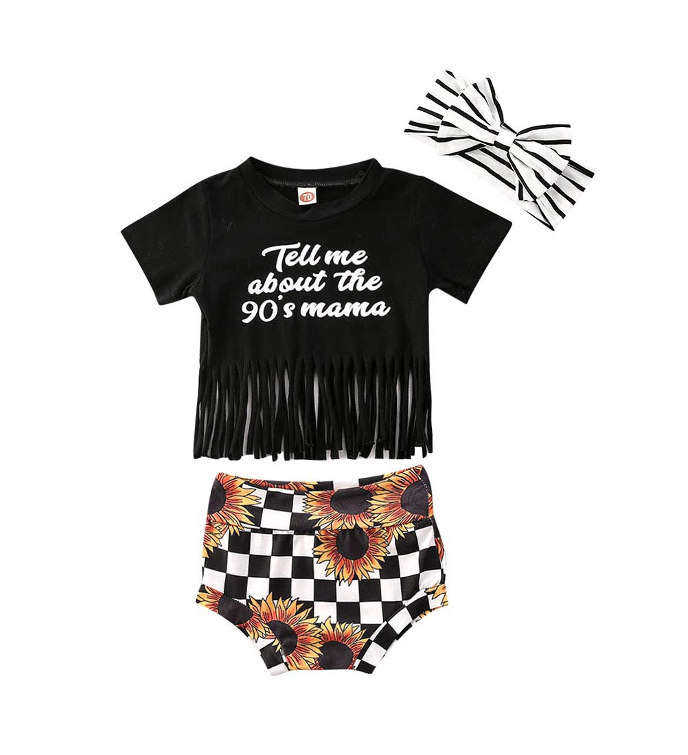 Newborn Baby Girls Clothes Mommy Saying Top Printed Romper Leopard Shorts Skirts+Headband Outfit Set (6-12 Months, 90's Mama)