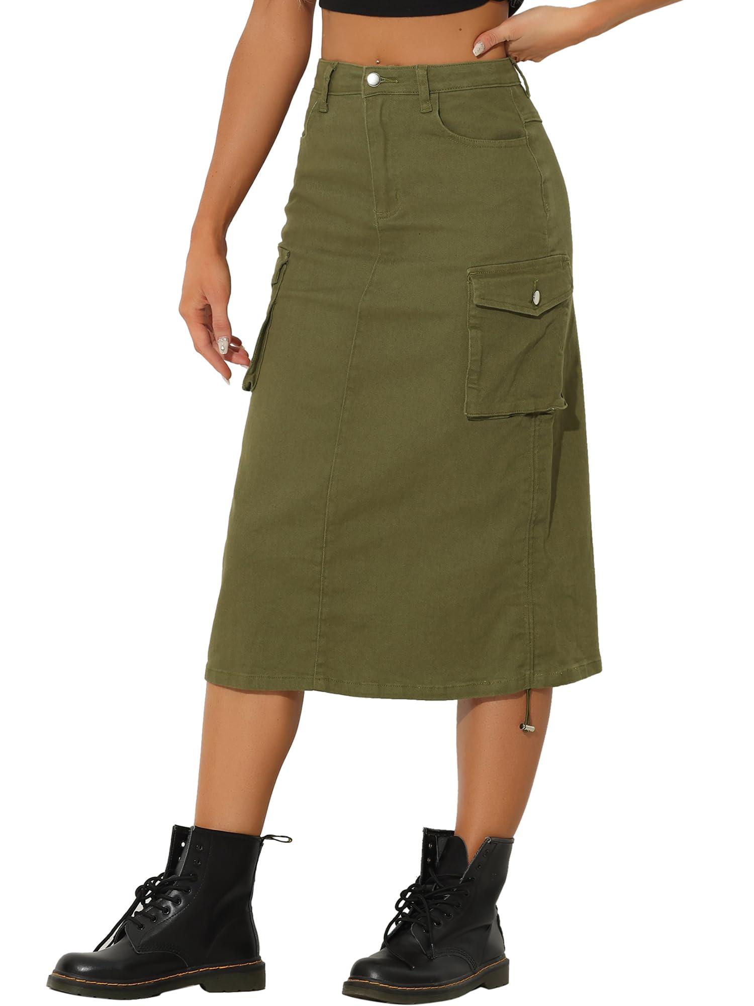 Allegra K Damen Cargo Rock Y2K Verstellbar Lässig A-Linie Midi Jeansrock