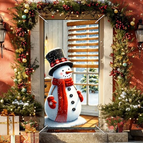 Image of Blissyard Merry Christmas Snowman Door Cover 35x71 Inch Double Sided Christmas Front Door Decoration with Red Scarf, Mittens, Snowflakes, Holiday Decorations for Indoor and Outdoor Winter Home Decor