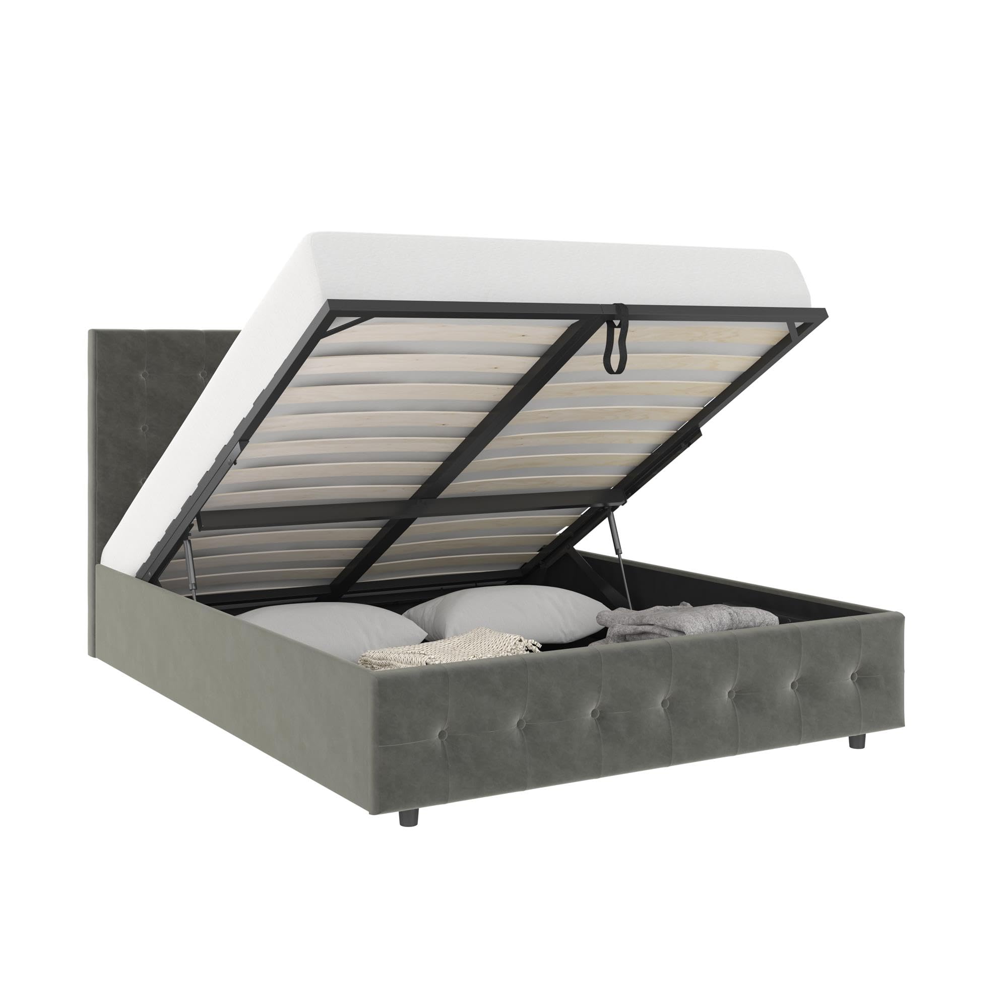 DHP Cambridge Gas Lift Upholstered Platform Bed with Storage Compartment and Button Tufted Headboard and Footboard, No Box Spring Needed, Full, Gray Velvet