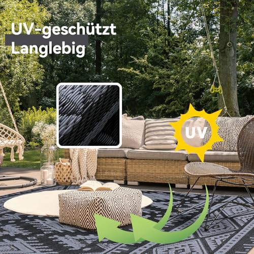 Homaxy Outdoor Teppich Wetterfest, Kunststoff Stroh Faltbar Waschbar UV-beständig Wendbar Balkon Garten Teppich für Terrasse Camping Picknick (120 x 180 cm, Schwarz & Grau)