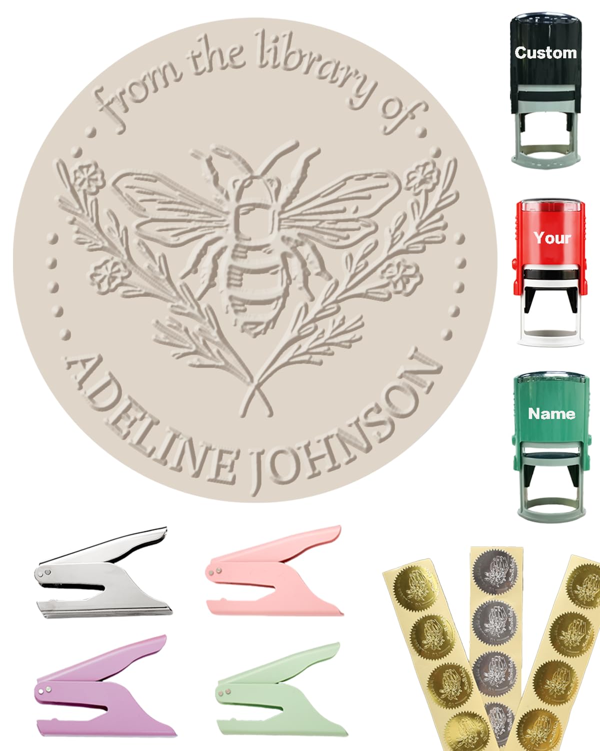 Personalized Book Embosser Stamp with Handle Set, Custom Self-Inking Library Stamp with Name & Design, Elegant Invitation Seal from Library Stamp Kit,