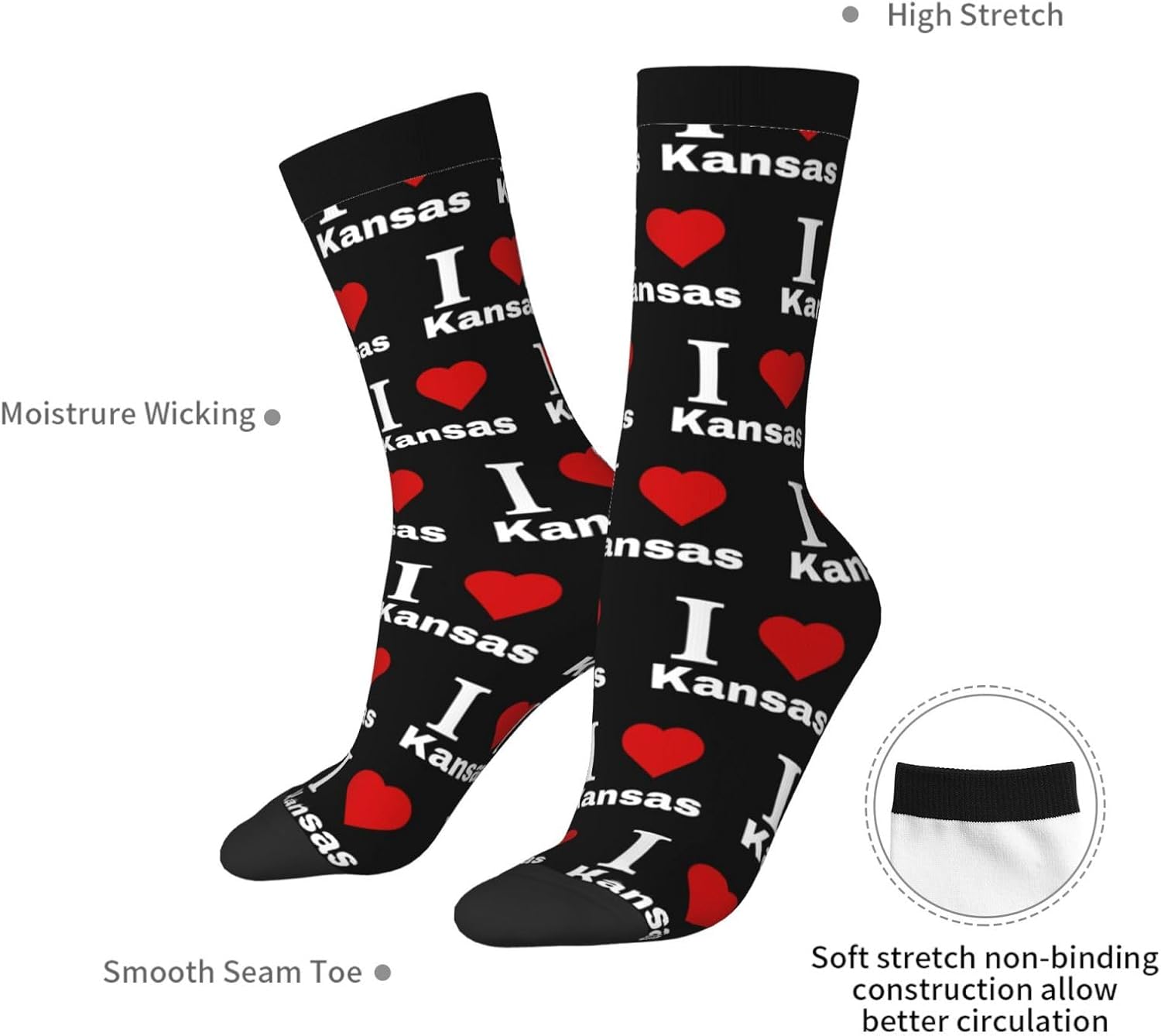 I love Kansas Socks For Men Women Sport Crew Athletic Running Wicking Socks