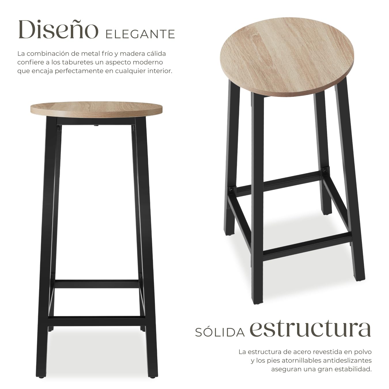 tectake® Juego de Taburetes de Bar con Estilo Industrial, para sillas Comedor, Taburete Alto Cocina, sillas de Comedor, Barra de Cocina - 32 x 32 x 66 cm Madera Industrial Clara, Roble Sonoma