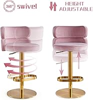 Vista 5 de Velvet Bar Stools Modern Swivel Adjustable Height Kitchen Counter Bar Stools with Footrest for Living Room Dining Room (GOLG, Pink 1pcs)