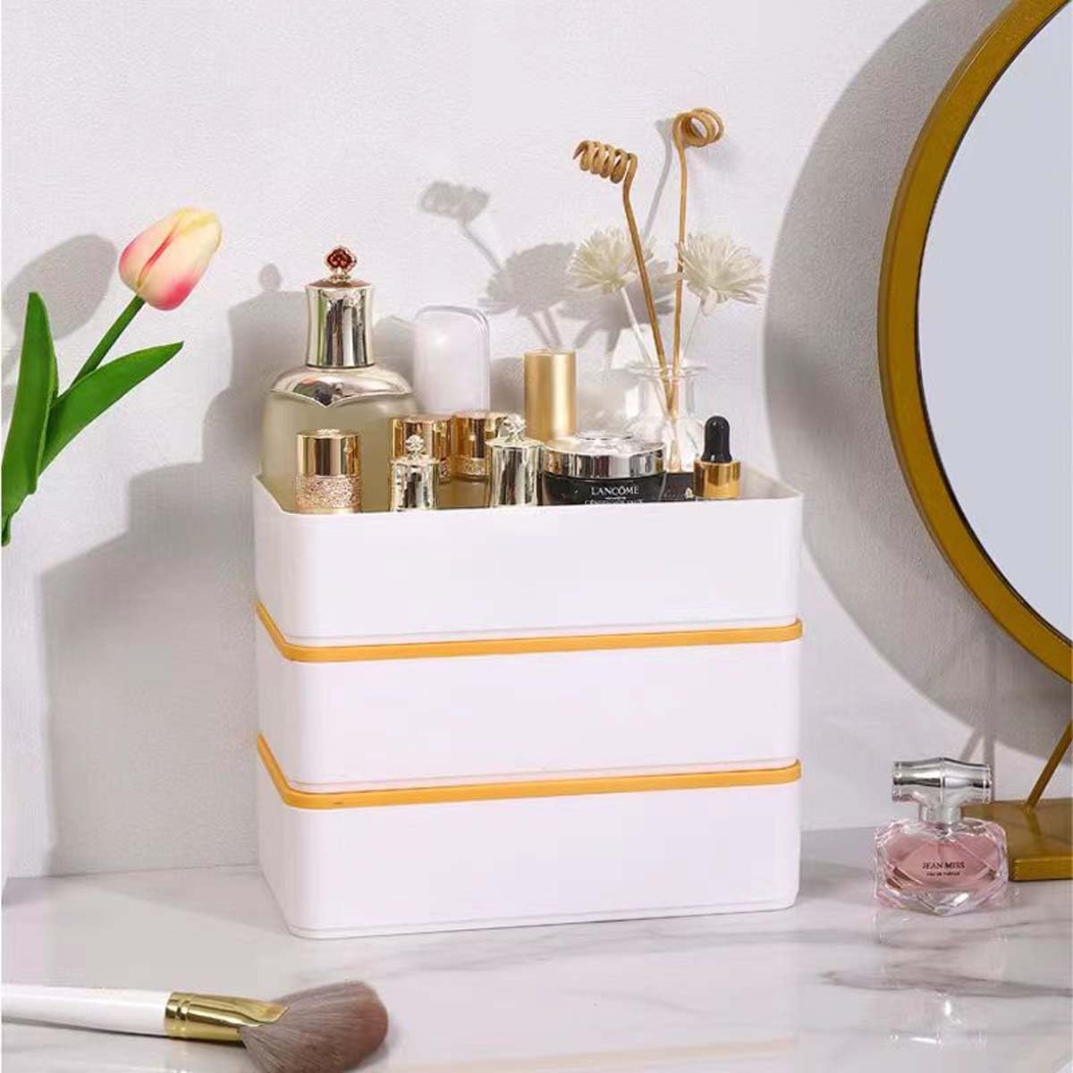 Plastic Drawers Storage Box Stackable Drawer Storage Bins with Lid Makeup Storage Containers with 4 Drawer for Office School Home Organizer Bins Set of 2