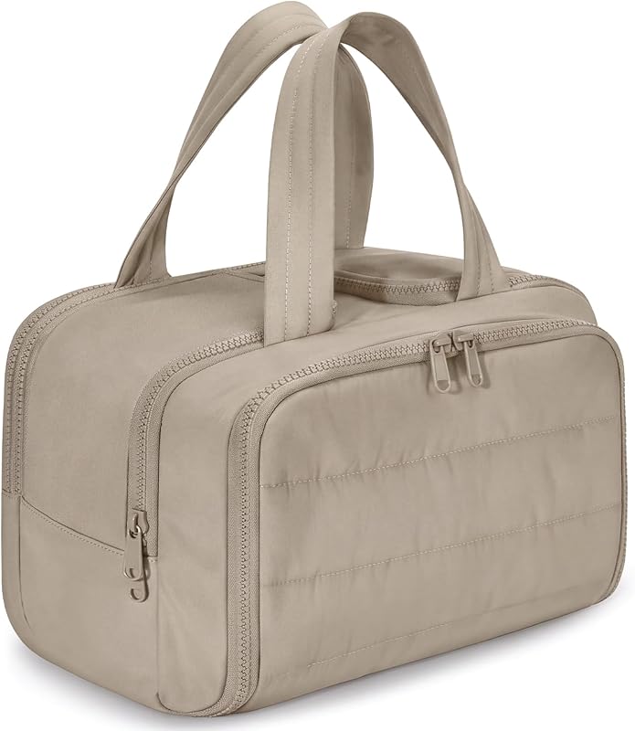 Necessaire de maquiagem XWFB marrom com gancho para viagem, compartimento para itens úmidos e secos, fechamento com zíper