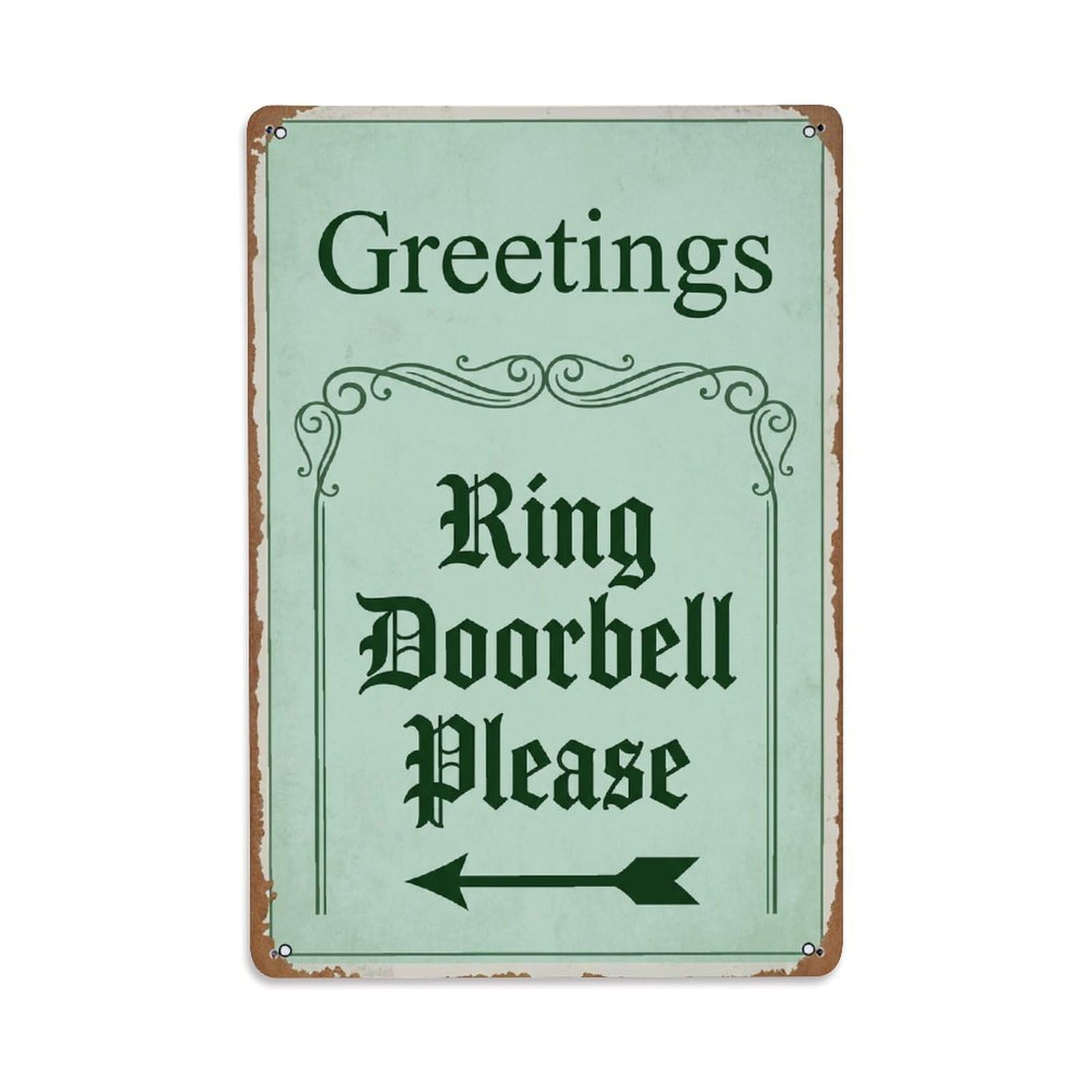 Metal Tin Sign Vintage Greetings Ring Doorbell Please Arrow Border