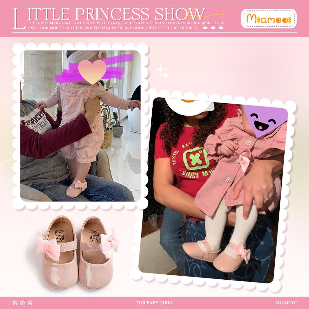 Miamooi Infant Baby Girls Mary Jane Dress Shoes Bowknot Princess Flats Toddler Non Slip Soft Rubber Sole Newborn Moccasins Crib Shoe A/Pink